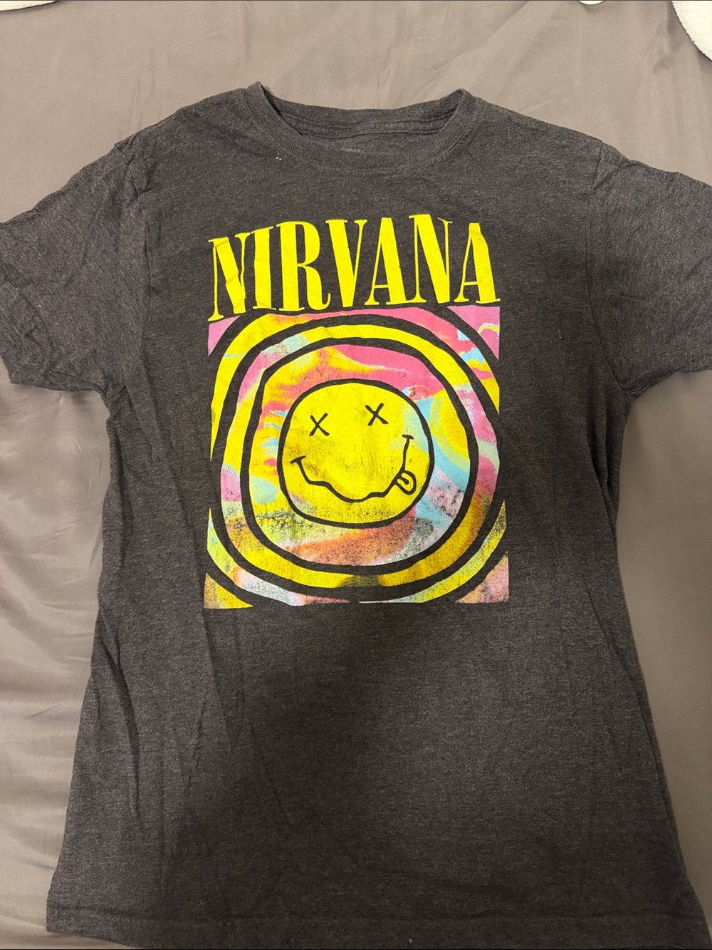 NIRVANA Black Tee with Yellow Smiley and Multicolor Tie-Dye Print